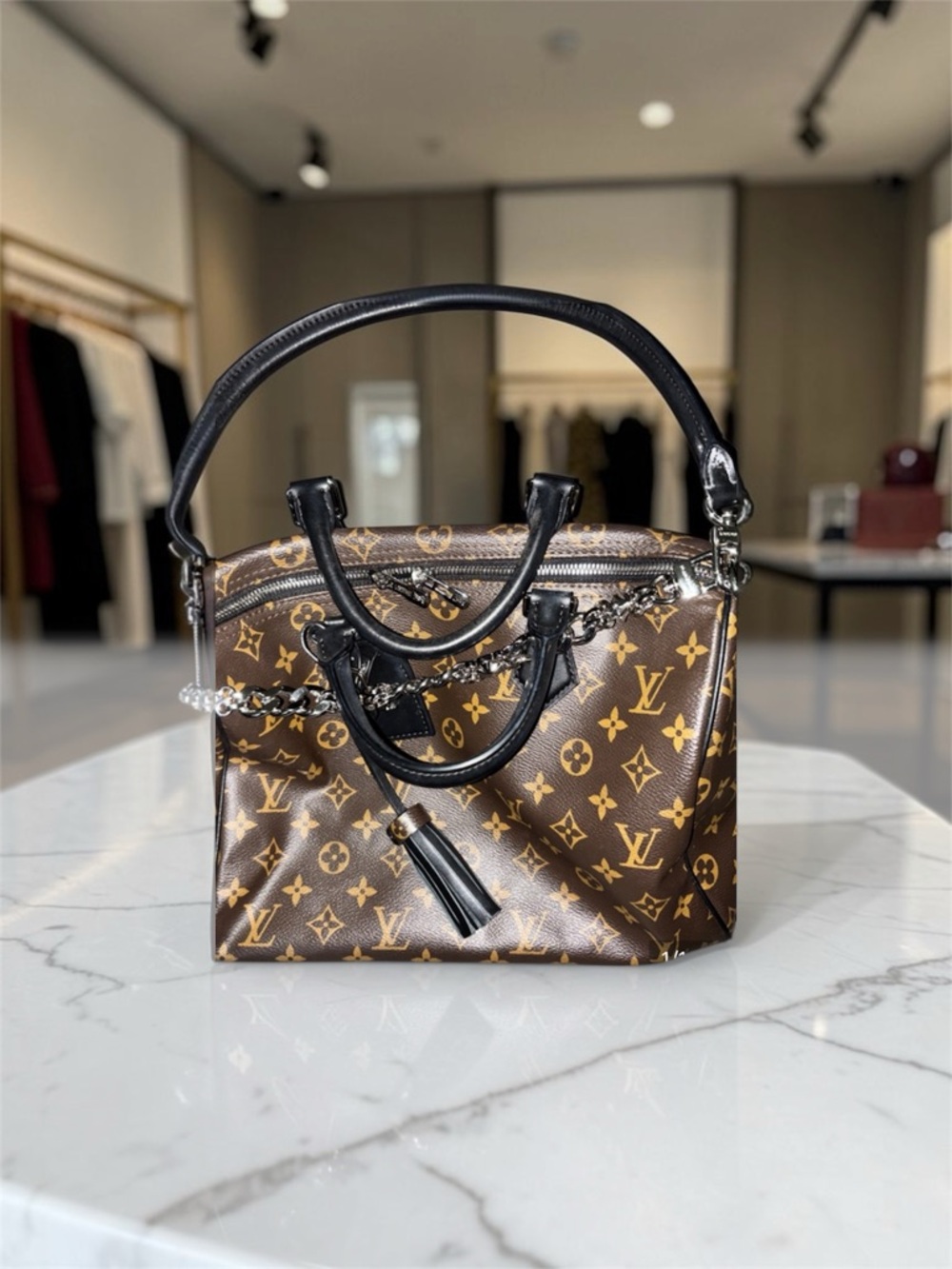 Brown Monogram Canvas Satchel with Black Trim and Silver Chain